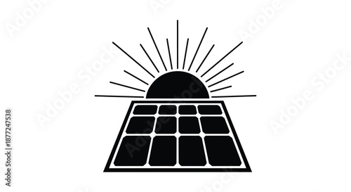 A striking graphic representation of a solar panel against a radiant sunburst silhouette