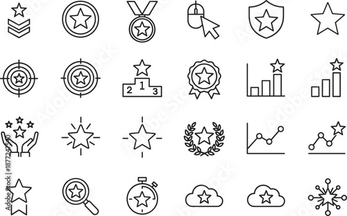 Set of black line icons for achievements featuring stars in medals, shields, trophies, targets, and growth charts for success.