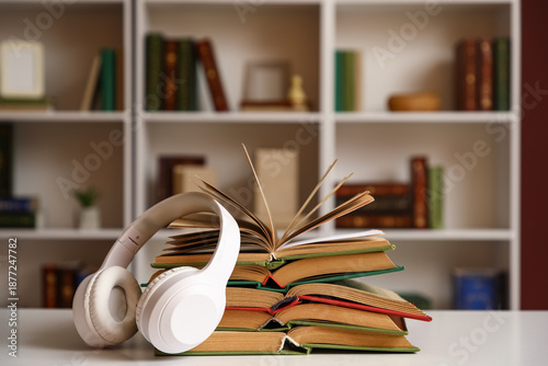Stack of books with headpho...