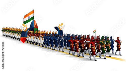 Illustration of a vibrant procession celebrating Republic Day in India with diverse characters holding the national flag.
