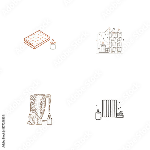 Vector illustrations depicting cozy home comfort essentials warm winter clothing, radiator, book, and ambient candles for a relaxing hygge lifestyle