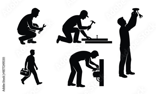 Home maintenance and electrical repair workers silhouette set – wrench, hammer, wiring and ceiling light