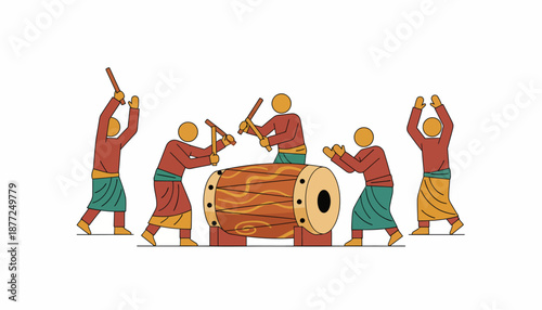 A group of people playing a large drum together in a celebratory manner.