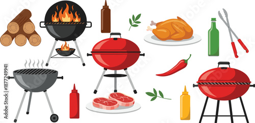 Barbecue and grill equipment icon set with meat, chicken, sauces, charcoal, and outdoor cooking elements vector