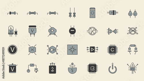 Collection of electronic circuit components and symbols