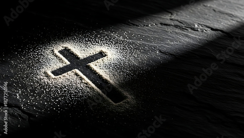 Ash Wednesday Cross Made of Dust on Dark Black Stone with Dramatic Lighting