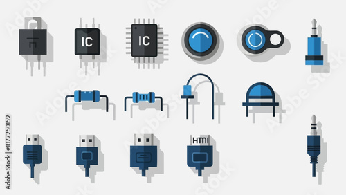 Collection of various electronic components and connectors