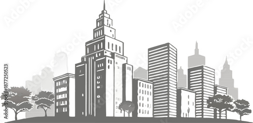 Far-away cityscape in blue and grey tones, monochrome flat illustration symbolizing ecology, sustainability, and urban harmony.