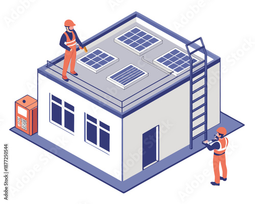 Renewable energy installation concept showing solar panel installer team on factory roof, isometric top view, eco-friendly business.