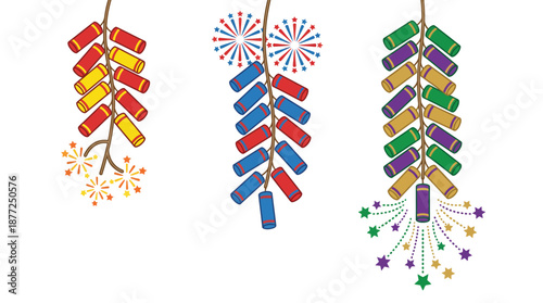 Three strings of colorful firecrackers, some exploding with sparks and stars, against a white background.