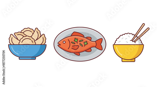 A colorful illustration featuring three distinct dishes: a bowl of dumplings, a whole cooked fish on a plate, and a bowl of rice with chopsticks.