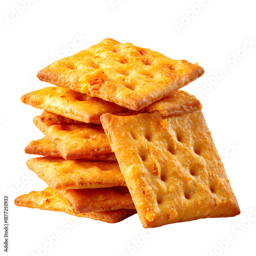 Stack of golden cheese crackers isolated on transparent background