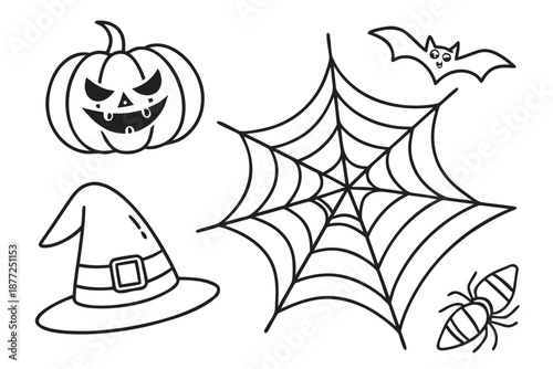 Classic Halloween Spooky Symbols Line Art Collection.