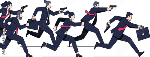 Business action concept vector with running corporate people holding guns and briefcases for crime, thriller illustration design