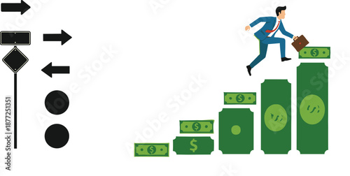 Businessman climbing money steps with direction signs concept vector illustration for career growth and success