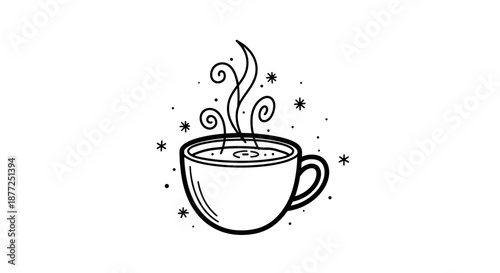 A simple black and white doodle illustration of a cup of hot coffee or tea with steam swirls and decorative sparkles.