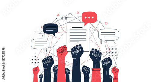 An illustration of activism and freedom of speech showing raised fists holding a document with communication bubbles.