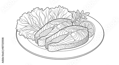 A clean black and white line art illustration of two salmon steaks with lemon and lettuce perfect for a coloring book.