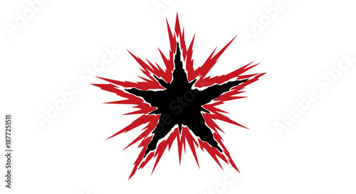 An abstract comic book style explosion in the shape of a star with red and black sharp edges on a white background.