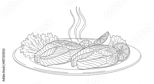 Line art illustration of two steaming hot salmon steaks served on a plate with fresh lettuce and lemon slices for coloring.