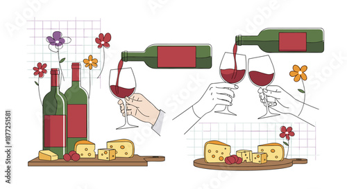 Set of modern illustrations depicting a romantic wine and cheese pairing with hands pouring and clinking glasses of red wine.