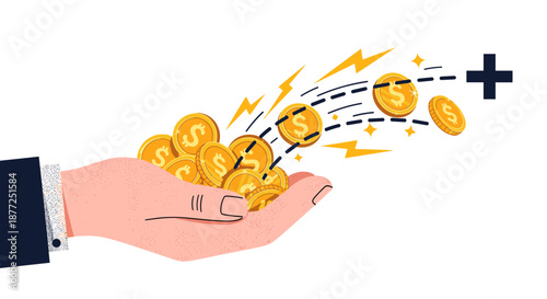 Conceptual illustration of a hand holding gold coins representing financial transactions like cashback rewards or investment returns.