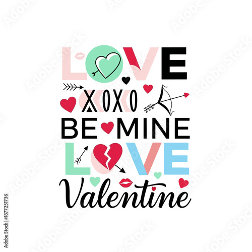 Valentine's Day graphic with love text and heart symbols