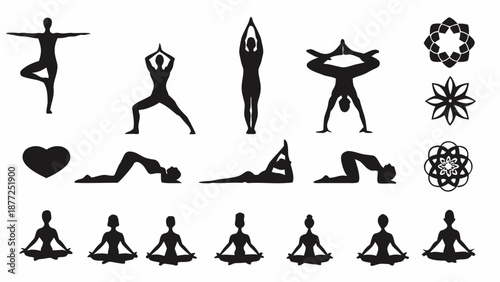 Various yoga poses for meditation and relaxation in black silhouette