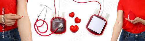 Schilderij op canvas Red heart blood bag and stethoscope on white, isolated, PNG