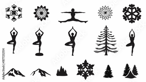 Black silhouettes of yoga poses, trees, and snowflakes on white background