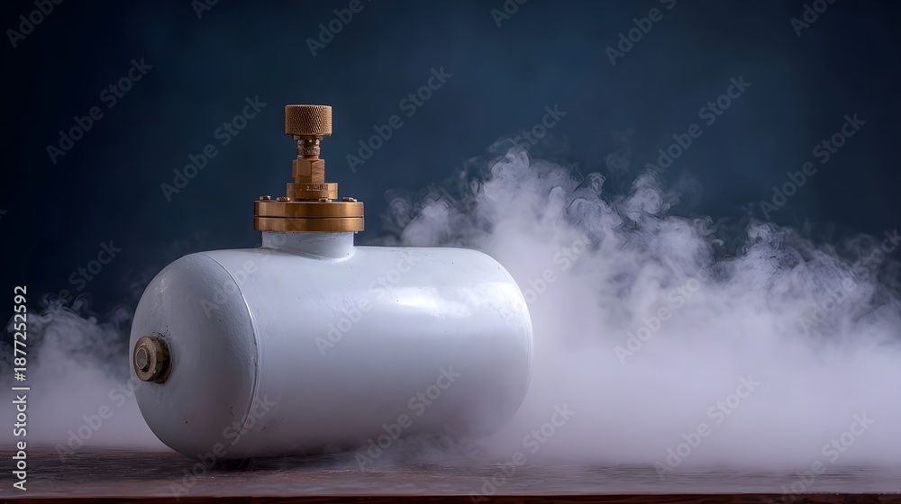 Fototapeta premium A white cryogenic nitrogen tank with brass fittings emits dense white vapor creating a cold atmospheric effect against a dark blue backdrop