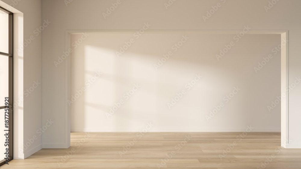 Fototapeta premium Empty white wall room and square doorway over wooden parquet floor with sunlight from glass window.