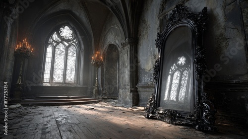 Dimly lit gothic chamber with ornate black mirror reflecting arched stained-glass window, aged wooden floors, cracked walls, cobwebs, and flickering candlelight in haunted interior
