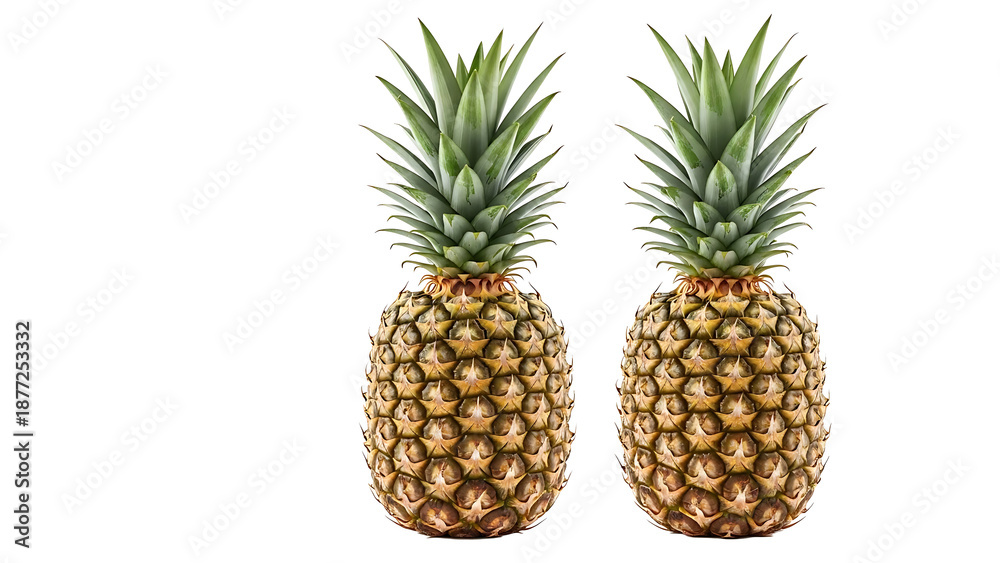 Obraz premium Two fresh pineapples standing upright isolated on transparent background