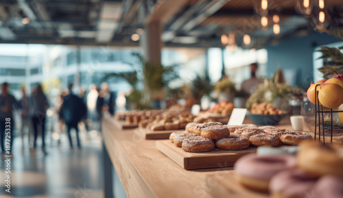 Business event with a variety of breakfast items including freshly baked cookies, muffins, and pastries arranged on wooden boards in a modern indoor setting
