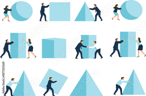 Business teamwork concept illustration with people moving geometric shapes, collaboration, problem solving and teamwork strategy vector
