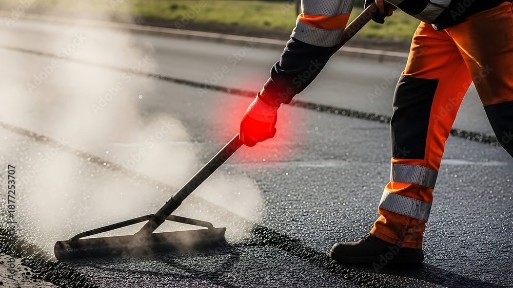Obraz premium Road construction worker in reflective gear spreading hot asphalt, steam rising from the fresh pavement