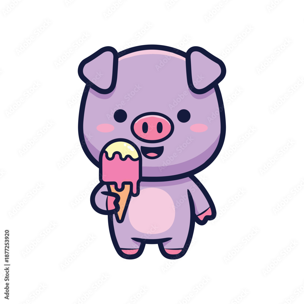 Obraz premium Cute Cartoon Pig Enjoying Ice Cream Illustration