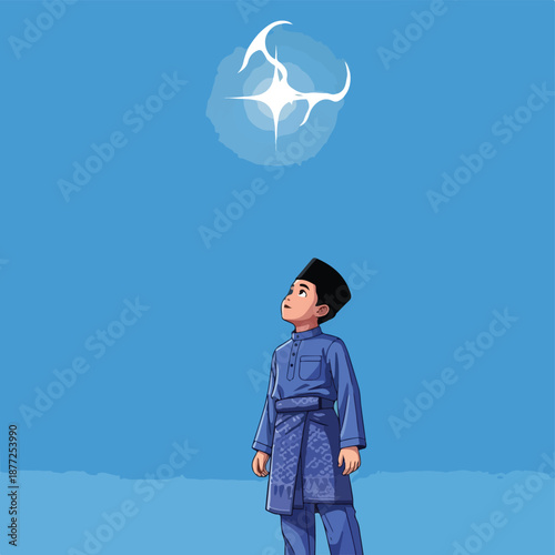 Boy looks up at glowing sky