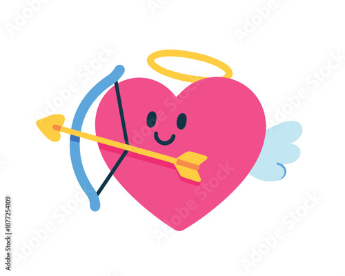 A red heart with a Cupid arrow and bow illustration creates a romantic symbol of love and passion for a Valentine's Day card design