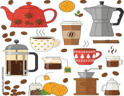 Coffee and tea preparation vector set with cups, teapots, moka pot, French press, beans, and brewing accessories illustration