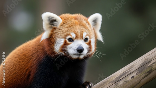 Close up portrait of a cute red panda perched on a wooden branch looking directly at the camera in
