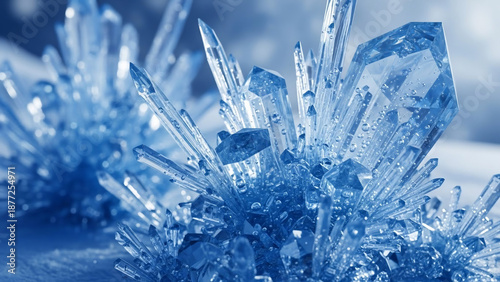 Close up of sparkling blue crystal formations with water droplets reflecting light