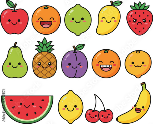 Cute colorful fruit character illustration set featuring happy kawaii faces on various fresh fruits in fun cartoon style