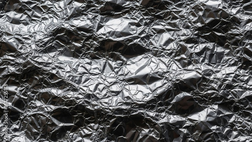 Close up texture of crumpled silver aluminum foil reflecting light and shadow details