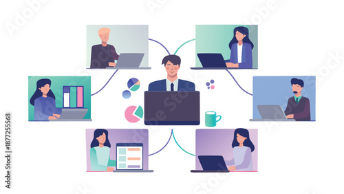 Businessman leads remote team meeting with laptops and data analysis