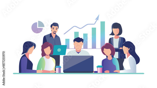 Diverse team collaborating on project with laptops and graphs