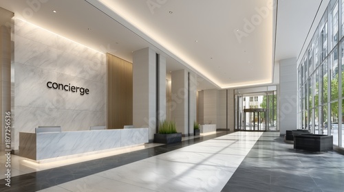 Modern residential building lobby with concierge desk, marble walls and reflective floor. Luxury apartment or hotel interior design for upscale living concept.