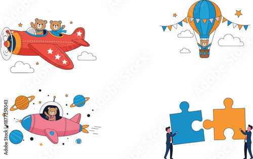 Cute adventure bear vector set with airplane, rocket, hot air balloon, and teamwork puzzle for kids illustration design