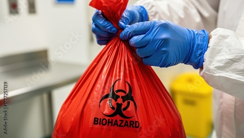 Pandemic Preparedness Lessons concept. Red biohazard bag being secured with blue-gloved hands.